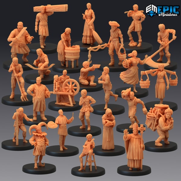 Farm Villagers NPC Townsfolks | Epic Miniatures | 28mm 32mm Fantasy RPG D&D model  | Tabletop Wargames Role Playing Games Miniature Figures