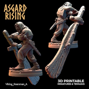 May include: A grey 3D printable miniature figure of a hooded character leaning on a large wooden sword, with the text ASGARD RISING and Viking_Steersman_A visible. The figure wears a hooded cloak, trousers, and boots, with a dagger at the waist.