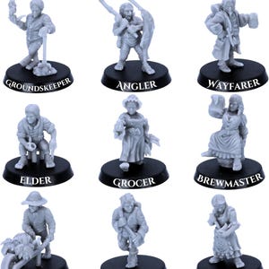May include: Nine miniature figurines of various professions, including a groundskeeper, angler, wayfarer, elder, grocer, brewmaster, gardener, tinker, and cook. Each figure is gray and mounted on a black base with the profession's name.