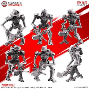 Op de afbeelding: Een verzameling grijze, 28 mm schaal miniatuur automatenfiguren, elk met een zwaar machinegeweer. De figuren staan in verschillende poses, sommige knielend en andere staand. De tekst "MAY 2026 RELEASE" en "28MM SCALE" zijn zichtbaar. De miniaturen zijn pre-supported.