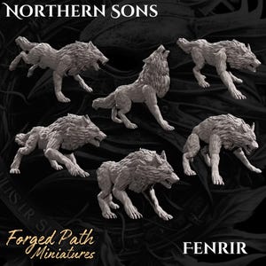 May include: Five grey wolf figurines in various dynamic poses, including running, howling, and crouching. The text NORTHERN SONS, Forged Path Miniatures, and FENRIR is visible. Each wolf features detailed fur texture and bared teeth in a snarling expression.