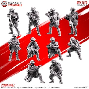 Peut inclure: Figurines miniatures de soldats en action, portant des casques et des fusils. Les figurines sont en différentes positions, debout, à genoux et visant. Le texte sur l'image indique "MAY 2026 RELEASE" et "28MM SCALE".
