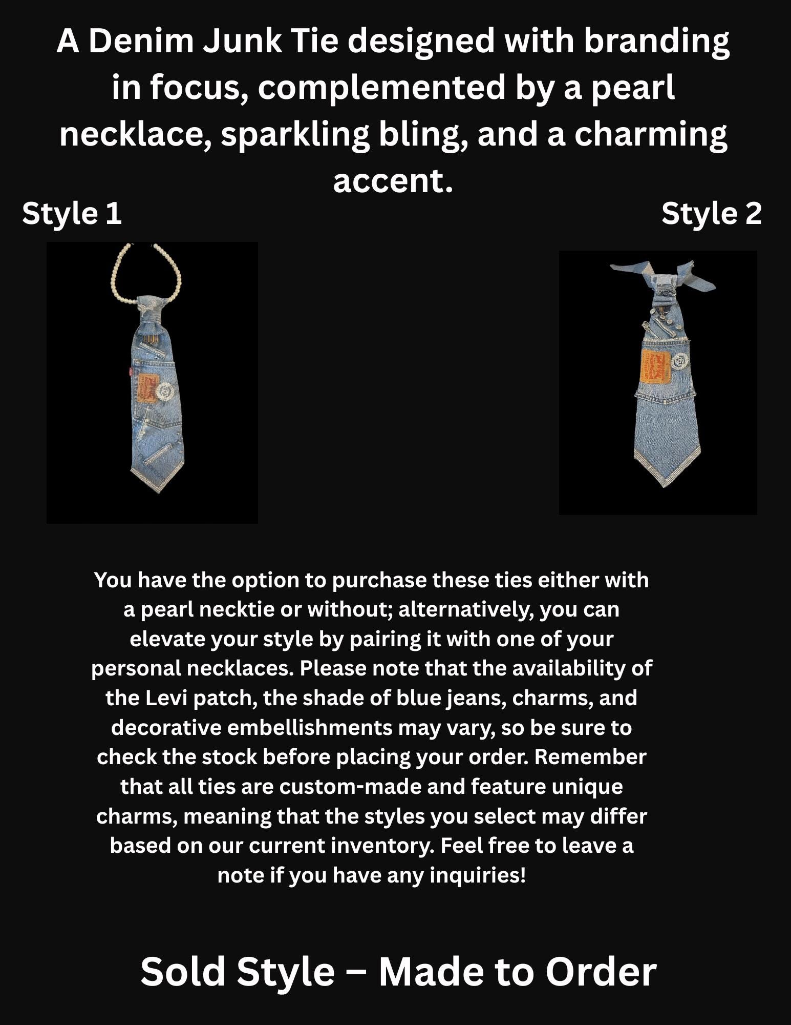 Full Glam Denim Junk Tie With Branding & Pearl Necklace 