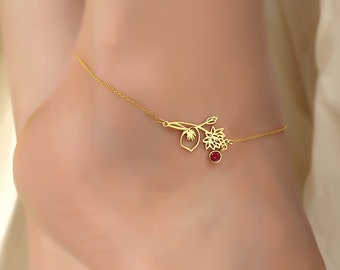 Birth Flower, BirthStone, July Birth Flower Anklet, July Birthstone Anklet Bracelet, Birth Month Flower, Birthstone Flower, Ruby