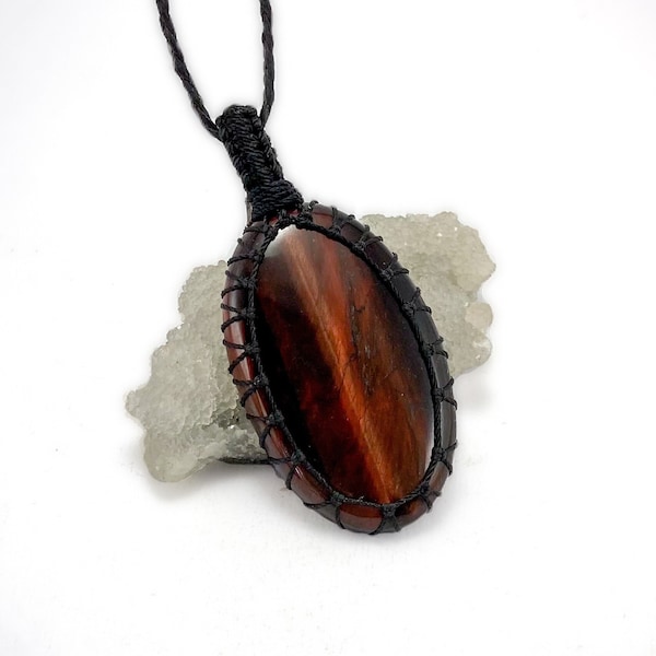 Red Iron Tiger Eye Necklace - crystal macrame necklace - tiger eye pendant - crystal necklace men - minimalist crystal necklace