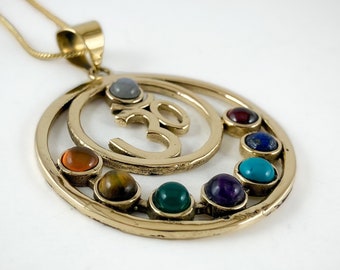 Brass Om & 7 Chakra Stones Pendant - Harmonious Energy Balance - Spiritual Growth - Meditation Talisman - Chakra Alignment Necklace
