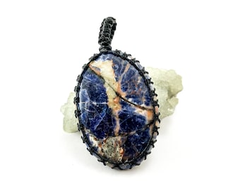 Blue Sodalite Macrame Necklace - Chakra Healing Pendant - Spiritual Jewelry - Third Eye Crystal - Boho Gemstone Accessory