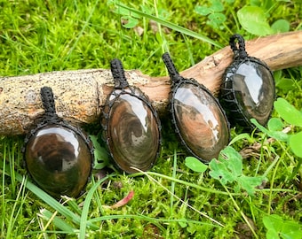 Rare Mahogany Obsidian Pendant with macrame - brown obsidian necklace - crystal macrame necklace - root chakra necklace