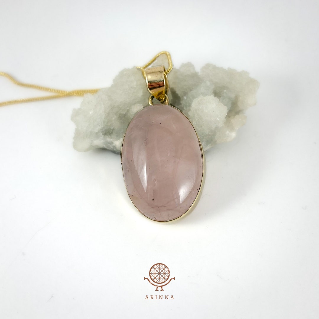 Rose Quartz Necklace With Brass - Rose Quartz Pendant - Rose