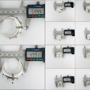 May include: Close-up of a silver hoop earring with a decorative design. The earring is being measured with a caliper, showing a diameter of 54.44 mm.