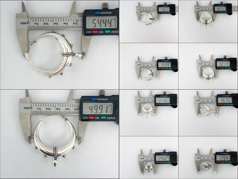 May include: Close-up of a silver hoop earring with a decorative design. The earring is being measured with a caliper, showing a diameter of 54.44 mm.