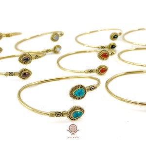 Metal Cuff Bracelet With Double Gemstones - brass adjustable bracelet - healing crystal bracelet - carnelian bracelet for her