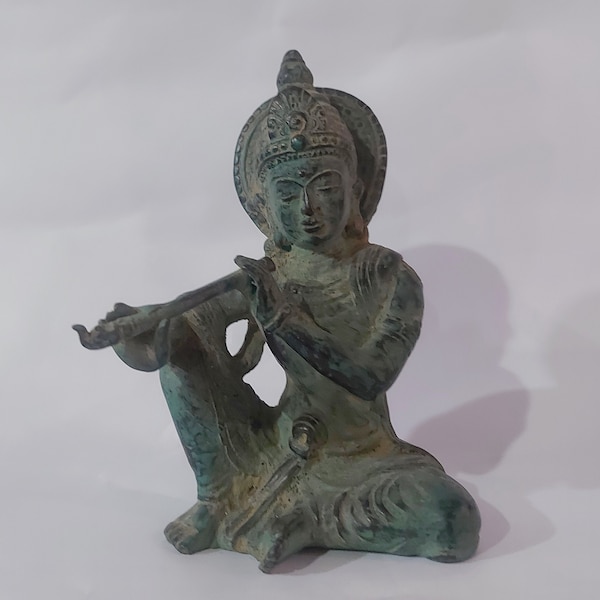 Vintage Bronze Krishna Statue, Hindu God Sculpture, Handmade