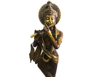 Vintage Bronze Krishna Statue, 23 Inch Hindu God Sculpture