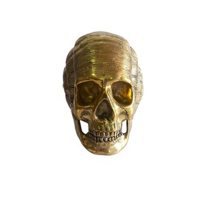 Escultura de caveira exclusiva de 6,5 polegadas, escultura de decoração para casa, escultura de cabeça de esqueleto, escultura de caveira acabada em ouro vintage, presente de negócios