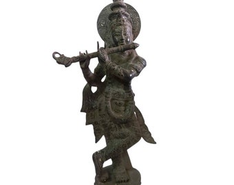 Vintage Bronze Krishna Statue, Hindu God Sculpture, 19.5 Inch