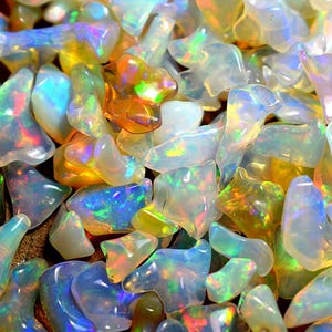 Könnte beinhalten: Eine Ansammlung kleiner, getrommelter Opal-Edelsteine mit einer durchscheinenden, milchig-weißen Basis und lebhaften Blitzen schillernder Farben, darunter Grün, Blau, Orange und Gelb. Jeder Stein hat eine glatte, polierte Oberfläche und Form.