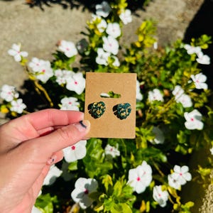 Goldflake Monstera Earrings, Monstera Leaf Earrings, Stud Earrings, Resin Earrings, Handcrafted