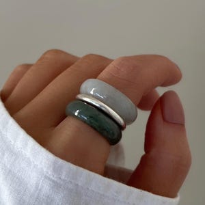Green Jade Silver Ring, Dainty Stacking Jadeite Ring, Minimalist Green Gemstone Ring, Adjustable Silver Band, Gift for Her Jewelry