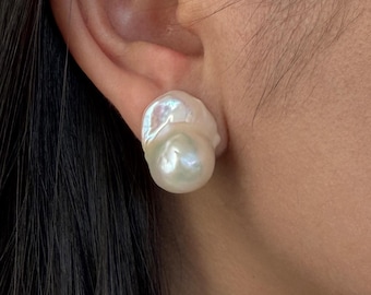 Large Baroque Pearl Stud Earrings, S925 Sterling Silver Statement Earrings, 15mm Natural Pearl Drops, Bold Gift for Her
