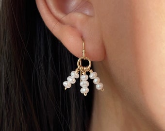 14K Gold Dangle Earrings, Mini Beaded Pearl Drop Earrings, Natural Freshwater Pearl Dainty Earrings, Delicate Everyday Earring, Gift for her