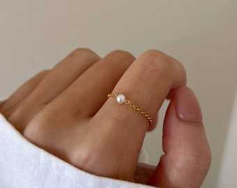 14k Gold-filled Freshwater Pearl Chain Ring, Gemstone Thin Cable Chain Layering Ring, Pearl Mini Ring, Natural turquoise Ring, Garnet Ring