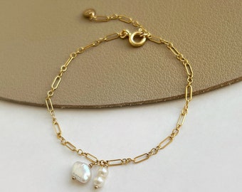 14k Gold Chain Dainty Anklet,  Beaded Pearl Pendant Ankle Bracelet Adjustable, Layered Beaded Anklet, Baroque Pearl Anklet, Gift for Her