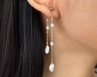 Pearl Dangle Earrings 14k gold, Baroque Pearl Drop Earrings, 14K Gold Freshwater Pearl Earrings, Dainty Earrings for Wedding, Gift for Her