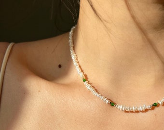 14k Gold Green Diopside Necklace, Mini Beaded Pearl Necklace, Green Gemstone Choker Necklace, Freshwater Pearl Dainty Choker, Layered Choker