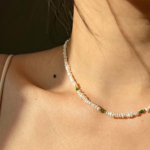 14k Gold Green Diopside Necklace, Mini Beaded Pearl Necklace, Green Gemstone Choker Necklace, Freshwater Pearl Dainty Choker, Layered Choker