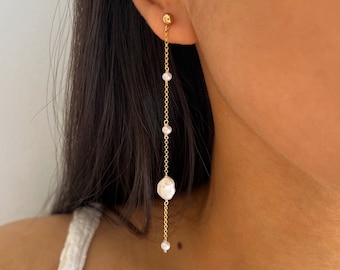 Pearl Dangle Earrings 14k gold, Baroque Pearl Drop Earrings, 14K Gold Freshwater Pearl Earrings, Dainty Earrings for Wedding, Gift for Her