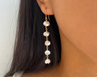 Pendientes colgantes de perlas, regalo para ella, pendientes de perlas de oro de 14k, regalo para damas de honor, pendientes de perlas auténticas para novias, pendientes de oro para bodas