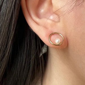 Circle Akoya Pearl Stud Earrings, Dainty Gold Everyday wear Earring, Mini AK Pearl Earrings, Natural White Freshwater Pearl Earrings image 1