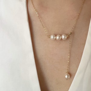 14K Gold Filled Necklaces Adjustable, Dainty Layered Necklaces, Akoya Pearl Everyday Necklaces, Delicate Bridal Necklaces, Mom Gift for her
