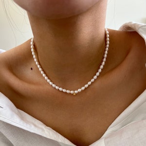 Mini Beaded Pearl Necklaces with pendant, 14k Gold Ball Pendant Choker Necklaces, Freshwater Pearl Necklace, Dainty Layering Necklace