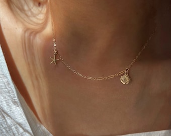 Shell and Starfish Pendant Necklace, 14K Gold-Filled Chain Layering Necklace, Gold Layered Choker Necklaces, Summer Vacation Beach Necklaces