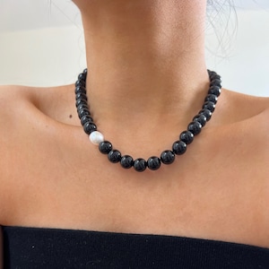 Black agate Necklace, S925 Sterling Silver Pearl Necklace, Chunky pearl Necklace, Large Round Black Agate Necklace, Onyx Necklace for gift