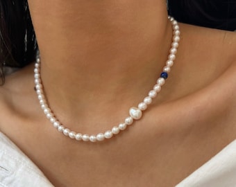 Lapislazuli Edelstein Halskette, 14K Gold Perlen Perlenketten, zarte geschichtete Halsketten, echte Perle zierliche Halskette, Geschenk für Sie