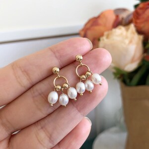 14K Gold Ball Drop Earrings, Mini Hoop Dangle Earrings, Beaded Freshwater Pearl Earrings, Drop Studs Everyday Dainty Earrings, Delicate Gift image 3