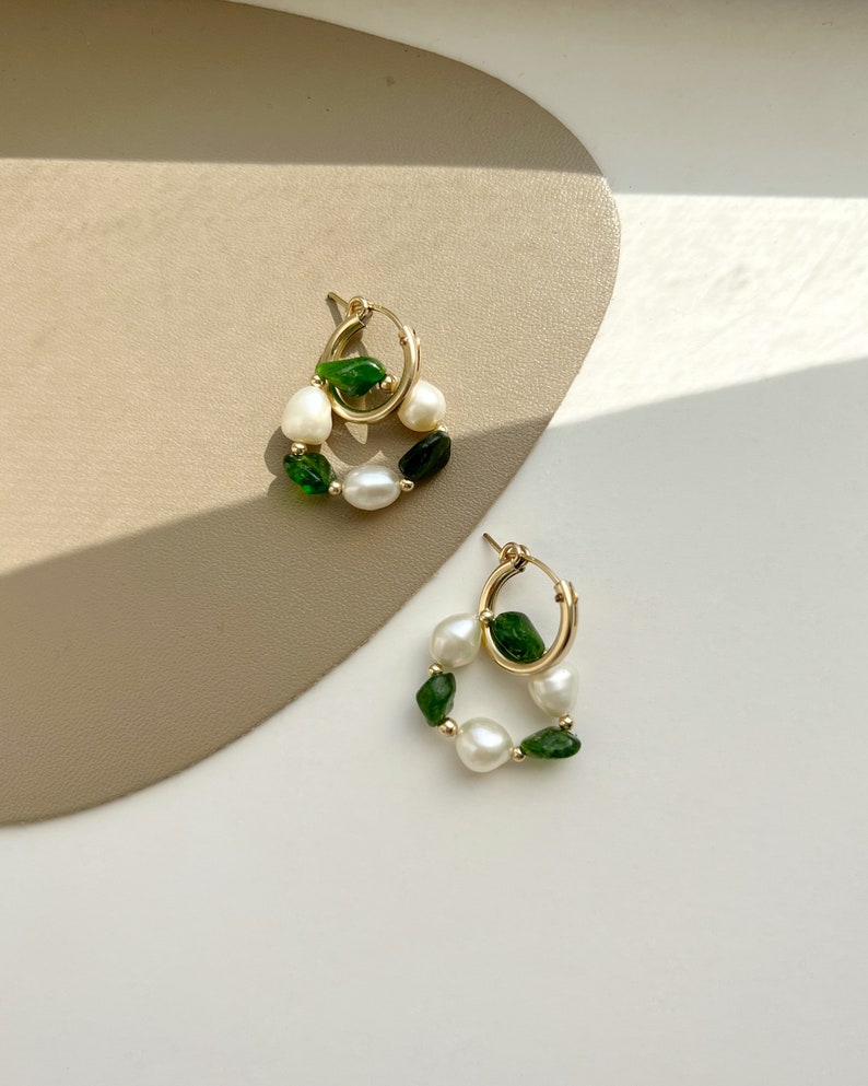 Diopside Gold Huggie Earring, 14k Gold Natural Gemstone Pendant Hoop Earring, Green Gold Earrings, Vintage Gold Huggie, Gift for her image 2
