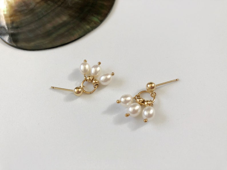 14K Gold Ball Drop Earrings, Mini Hoop Dangle Earrings, Beaded Freshwater Pearl Earrings, Drop Studs Everyday Dainty Earrings, Delicate Gift image 6