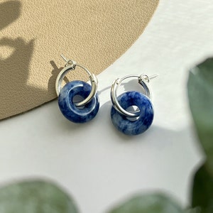 Dumortierite S925 Sterling Silver Huggie Earring, Natural Gemstone Pendant Hoop Earring, Blue Silver Earrings, Minimal Silver Huggie image 5