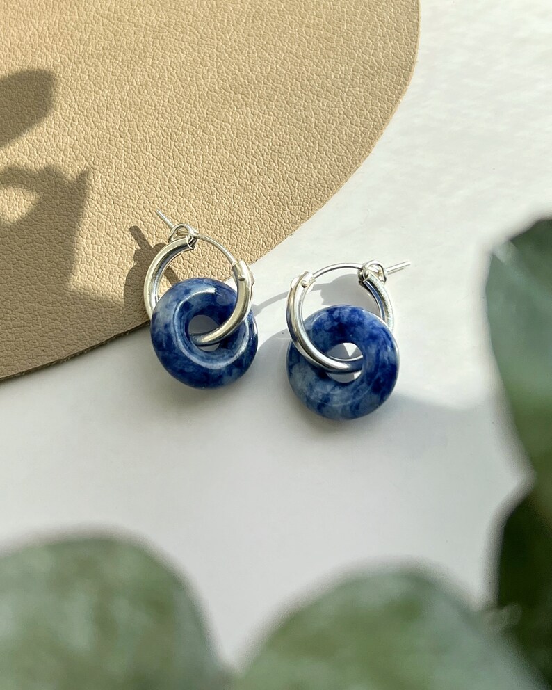 Dumortierite S925 Sterling Silver Huggie Earring, Natural Gemstone Pendant Hoop Earring, Blue Silver Earrings, Minimal Silver Huggie image 5