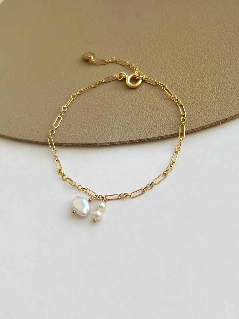 14k Gold Chain Dainty Anklet, Beaded Pearl Pendant Ankle Bracelet Adjustable, Layered Beaded Anklet, Baroque Pearl Anklet, Gift for Her image 1
