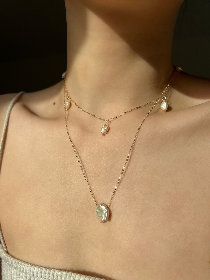 Pearl 14K Gold Necklaces, Layered Dainty Necklaces, Delicate Natural Pearl Necklaces, Freshwater Pearl Pendant Necklace, Gift for her image 1