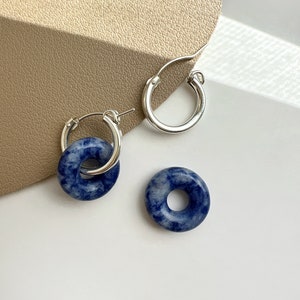 Dumortierite S925 Sterling Silver Huggie Earring, Natural Gemstone Pendant Hoop Earring, Blue Silver Earrings, Minimal Silver Huggie image 7