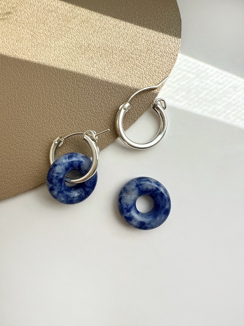 Dumortierite S925 Sterling Silver Huggie Earring, Natural Gemstone Pendant Hoop Earring, Blue Silver Earrings, Minimal Silver Huggie image 7