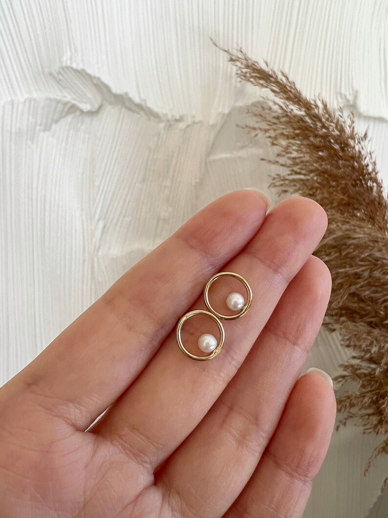 Circle Akoya Pearl Stud Earrings, Dainty Gold Everyday wear Earring, Mini AK Pearl Earrings, Natural White Freshwater Pearl Earrings image 8
