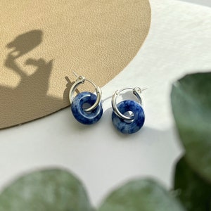 Dumortierite S925 Sterling Silver Huggie Earring, Natural Gemstone Pendant Hoop Earring, Blue Silver Earrings, Minimal Silver Huggie image 3