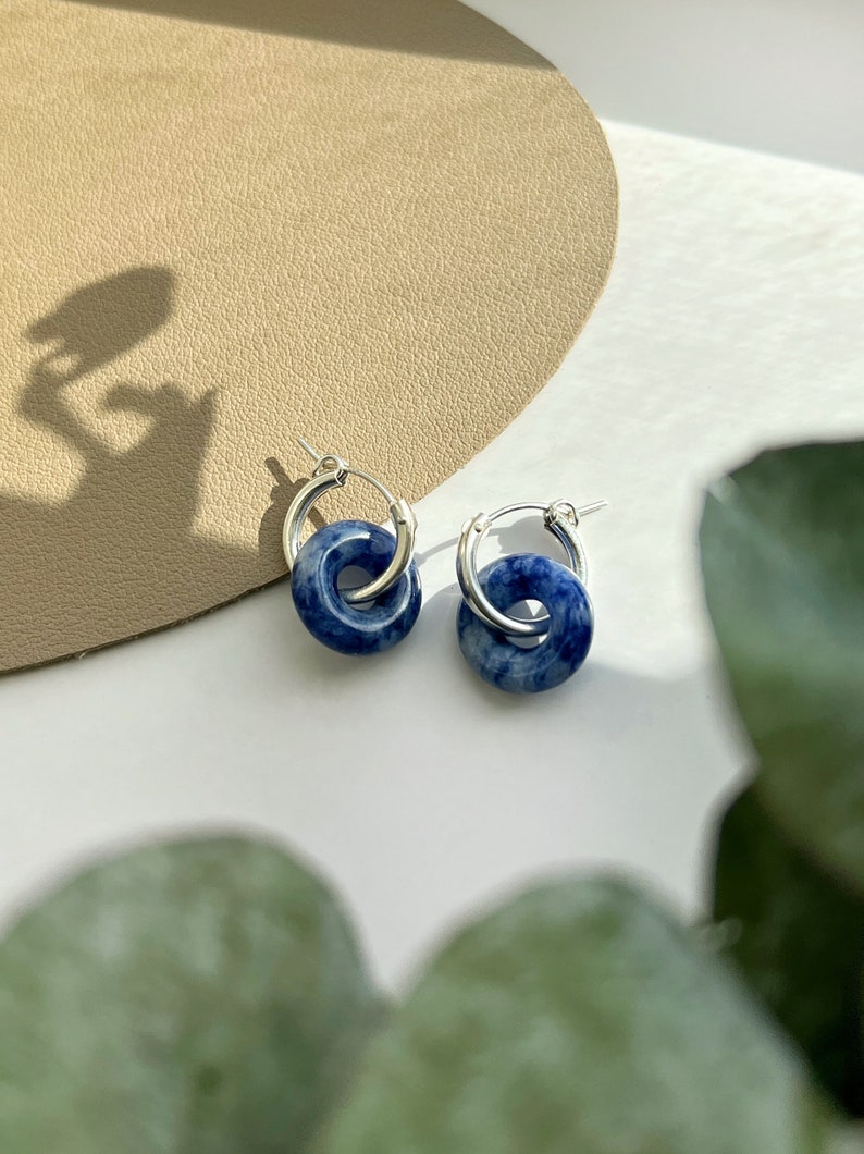 Dumortierite S925 Sterling Silver Huggie Earring, Natural Gemstone Pendant Hoop Earring, Blue Silver Earrings, Minimal Silver Huggie image 3